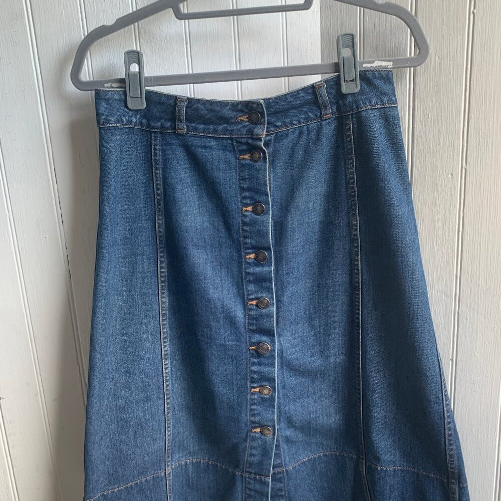 Girdear Blue Denim Jean Skirt Button Front A Line Cotton Size Medium Belt Loops